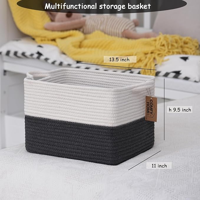 COMFY-HOMI 3PACK Cotton Rope Square Basket with Handles for Shelves| Storage|Baby Basket for Gif|Shoe basket for Organizing|New13.5" x 11" x 9.5" for Living Room（White/Dark Grey）