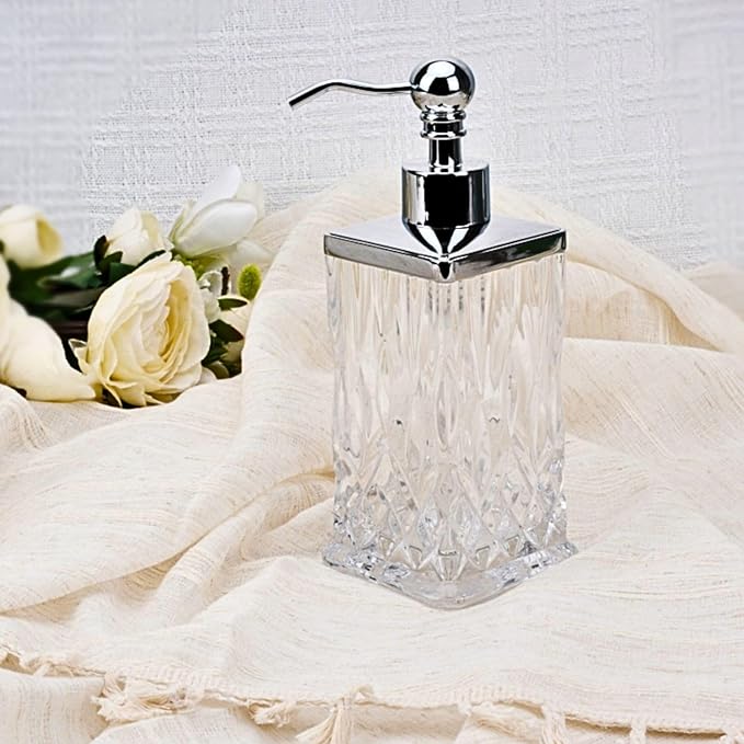 10Oz Clear Glass Soap Dispenser with Silver Pump,Lead-Free Thick-Cut Glass,Countertop Soap Dispensers for Bathroom & Kitchen,Square