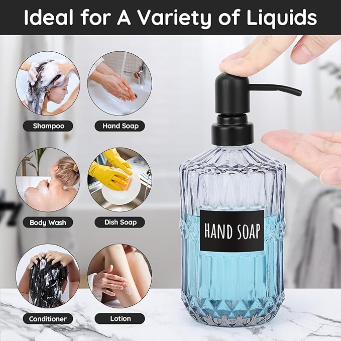 Segbeauty Glass Soap Dispenser Refillable, 2 Pack 15.2oz Modern Farmhouse Decor Pump Bottles with Labels, 450ml Western Decor Hand Soap Dispenser Set Liquid Gel Container for Bathroom Kitchen Gray