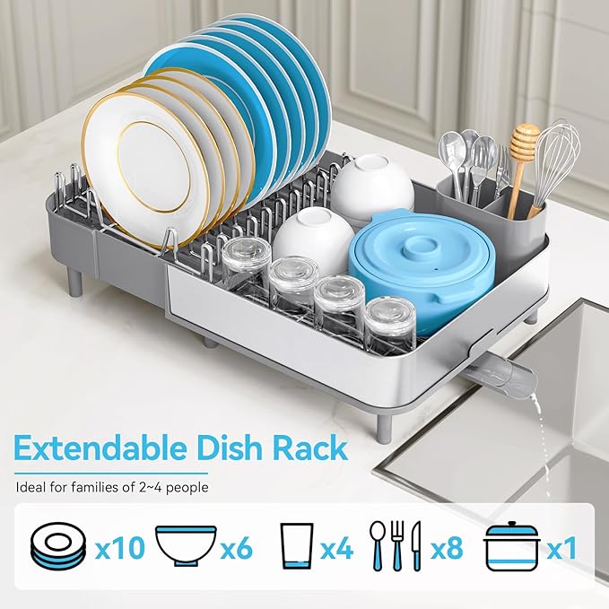 Dish Drying Rack, 304 Stainless Steel Dish Drainer with Removable Utensil Holder & Drain Board, Rustproof Space-Saving Dish Rack for Kitchen Countertop, Grey
