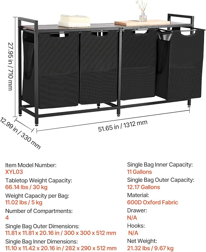 VEVOR 4 Section Laundry Sorter, Large Laundry Hamper with Metal Frame and Wooden Tabletop, Freestanding Storage Organizer Baskets with Pull-Out 600D Oxford Cloth Bags for Dirty Clothes, Bathroom