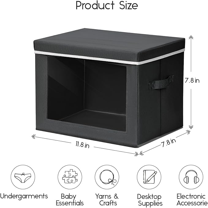 Storage Bins with Lids - Small Fabric Organizers with Window, Collapsible Storage Bins for Clothes, Decorative Closet Organizers for Towels, Tshirt, 4 Pack, Black
