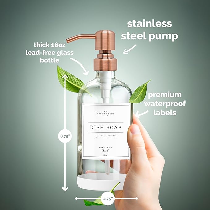 Vine Creations Clear Glass Soap Dispenser, 2 Pack Kitchen Soap Dispenser Set with Stainless Steel Pump, 16 oz Dish Soap and Hand Soap Dispensers for Bathroom with Waterproof Labels
