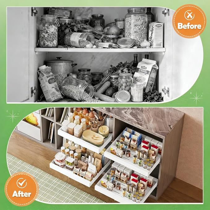 2-Pack Pull-Out Cabinet Organizer with Expandable - Spice Rack Organizer for Cabinet & Slide-Out Drawers for Kitchen Cabinets，Adjustable Width 11.8"-19.7" White