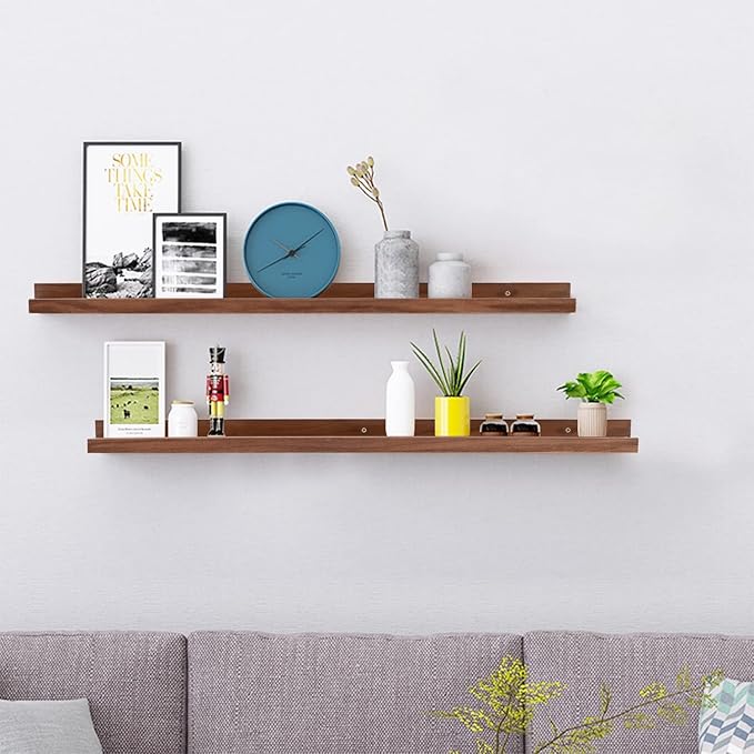 AZSKY 48 Inch Floating Wall Ledge Bookshelf Light Walnut Kids Book Trophy and Family Picture Photo Frames Display Shelves Wall Mounted a Set of 2