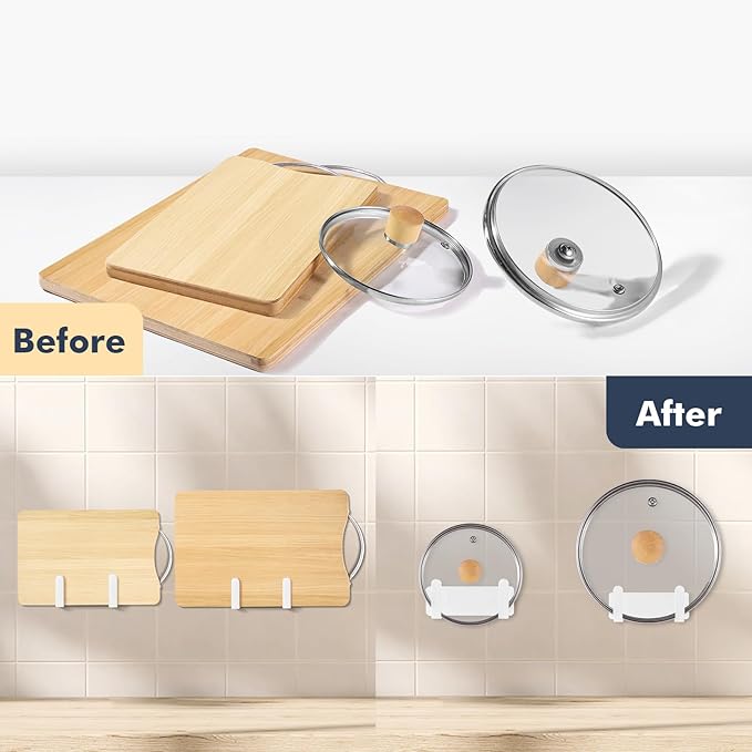 Pot Lid Rack, Wall Mounted 304 Stainless Steel Pan Lid Organizer Holder, Self Adhesive, Kitchen Cooking Utensil Tool (White)