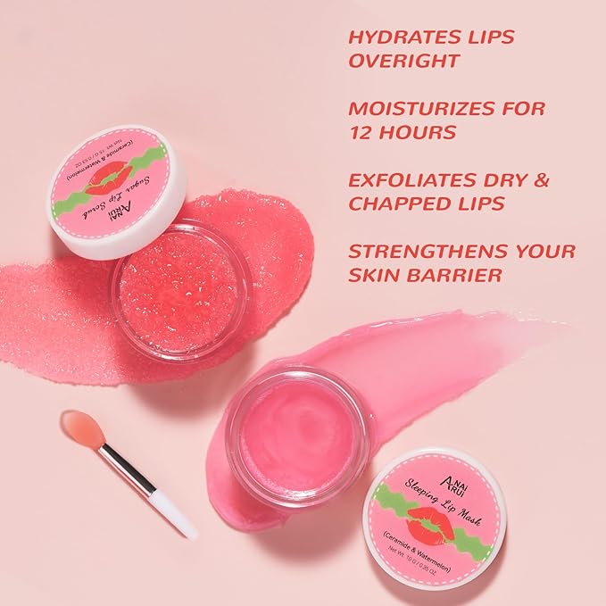 Hydrating Lip Mask Set, Lip Scrub & Lip Butter, Overnight Lip Treatment Set Enriched With Ceramide, Watermelon and Shea Butter, For A Softer & Smoother Lips, Overnight Lip Mask Gifts