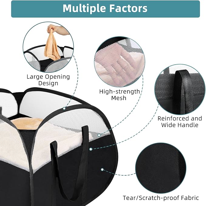 Laundry Basket with Handles 90L, Collapsible Laundry Baskets, Foldable Laundry Basket, Tear-proof Dirty Clothes Pop Up Hampers for Laundry, Bedroom, Bathroom, Dorm, Kids Room, Travel or Campout Black