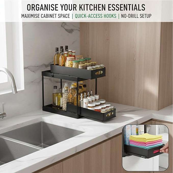 2 Pack Under Sink Organizer, Pull-Out Cabinet Storage Organizers for Bathroom & Kitchen, Multi-Purpose Under Counter Shelf Rack for Cleaning Supplies, Bottles & Toiletries, Cabinet Organizer-Black