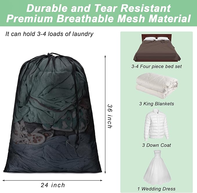 2 Pack Mesh XL Laundry Bags,Machine Washable Dirty Clothes Organizer with Drawstring and ID Tag, Large Laundry Hamper Liner Enough to Laundry Essentials forTravel(24"x 36",Black+White)