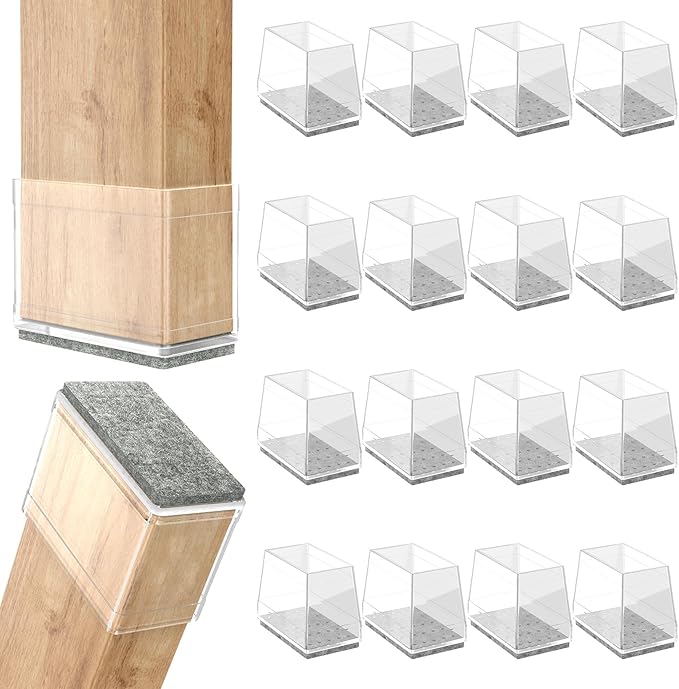 Rectangle Chair Leg Protectors for Hardwood Floors,16 PCS Silicone Covers to Protect Wood Tile Floors Felt Pads Furniture Leg Caps Reduce Noise. Easy to Move.(Clear,0.6 x 1.2 Inch,Rectangle)