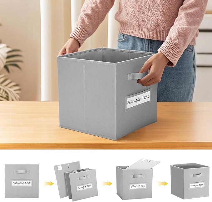 artsdi 11x11 storage cube bins (Set of 10) Foldable Fabric storage cubes with 10 Labels Window Cards & a Pen,11 inch cube storage bin,Closet Organizers for Shelves,Cubby Organizer Boxes,Light Grey