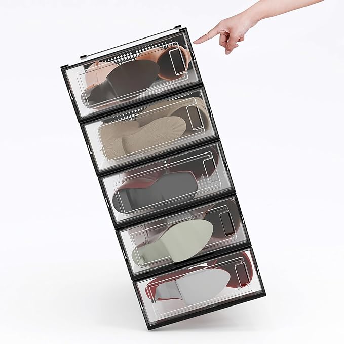 PARANTA 12-Piece Boot and Shoe Storage Box, Stackable Clear Plastic Shoe Box, Space-Saving Shoe Organizer for Boots, Sneakers, and High Heels, Black