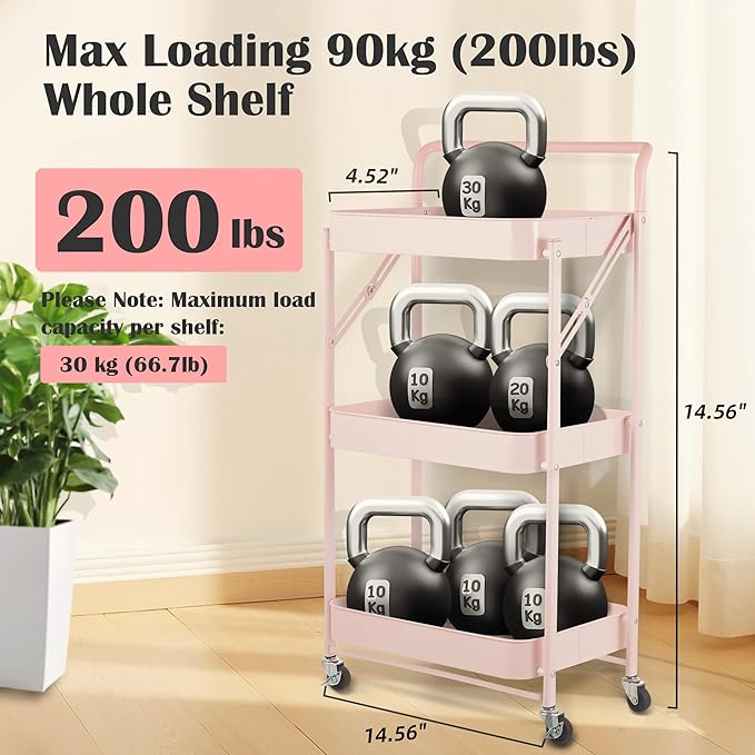 Pink Folding Storage Rack 3-Tier Mesh Storage Shelf Portable Closet Shelving Unit with 360°Removable Wheels for Kitchen/Living Room/Bathroom/Laundry Room/Pantry/Garage/(Max Load Capacity 200 lb)