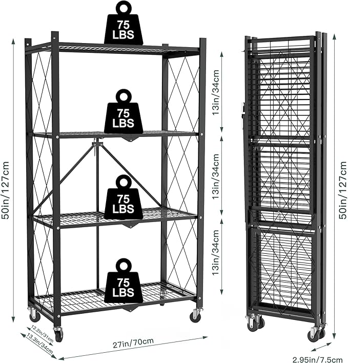 4 Tier Foldable Metal Storage Shelf with Wheels, 400 LBS Heavy Duty Collapsible Wire Shelving Unit, Rolling Utility Rack Cube Bookshelf for Kitchen Pantry Office Garage,50" x 13" x 27" Black