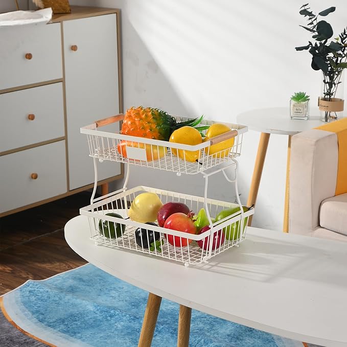 2 Tier Detachable Fruit Basket Bowl with 2 Banana Hangers, Fruit Stand Holder for Kitchen Countertop, Metal Wire Vegetable Storage Organizer, for Bread Snack Veggies Produce, White
