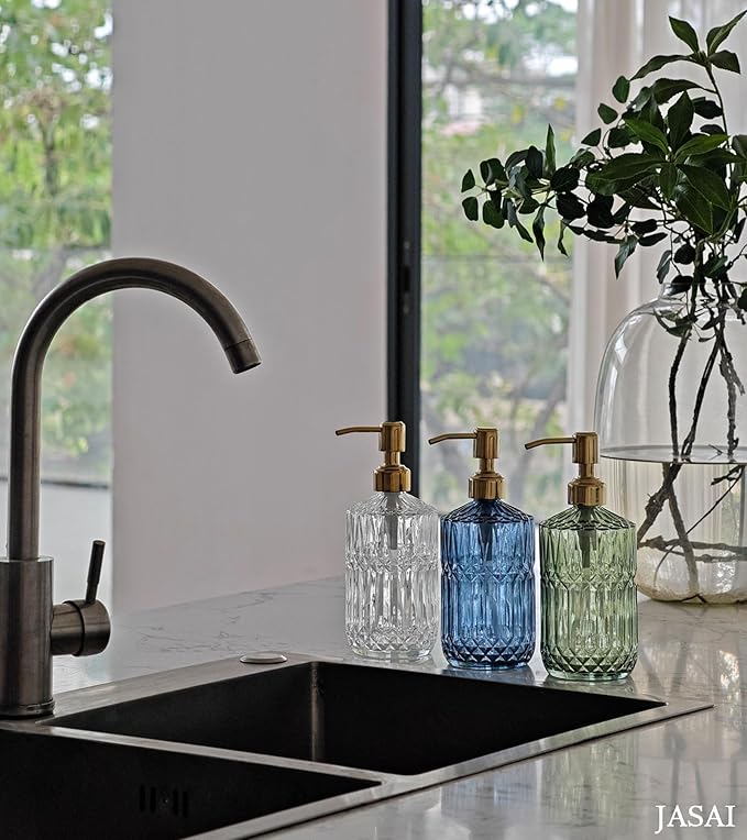 JASAI 18Oz Green Glass Soap Dispenser with Gold Rust Proof Pump, Refillable Kitchen soap Dispenser for Dish Soap, Soap Dispenser Bathroom for Hand soap, Lotion, Body Wash.
