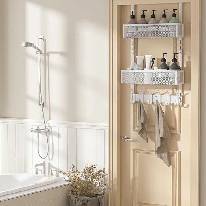 LUCYCAZ Adjustable Over The Door Hooks Organizer, Hanger Storage with 10 Coat Hooks & 2 Mesh Basket, Over The Door Towel Rack Organizer for Bathroom, Bedroom, Kitchen (White)