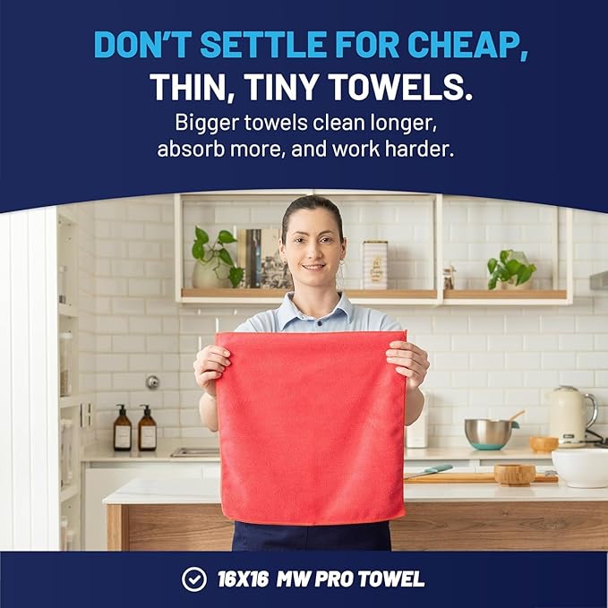 MW PRO Microfiber Cleaning Cloths Red (12 Pack, 12x12) - Commercial Janitorial Towels & Lint Free Rags - Heavy Duty for Auto Detailing, Glass Windows, Housekeeping & Screens - Washable 300+ Times