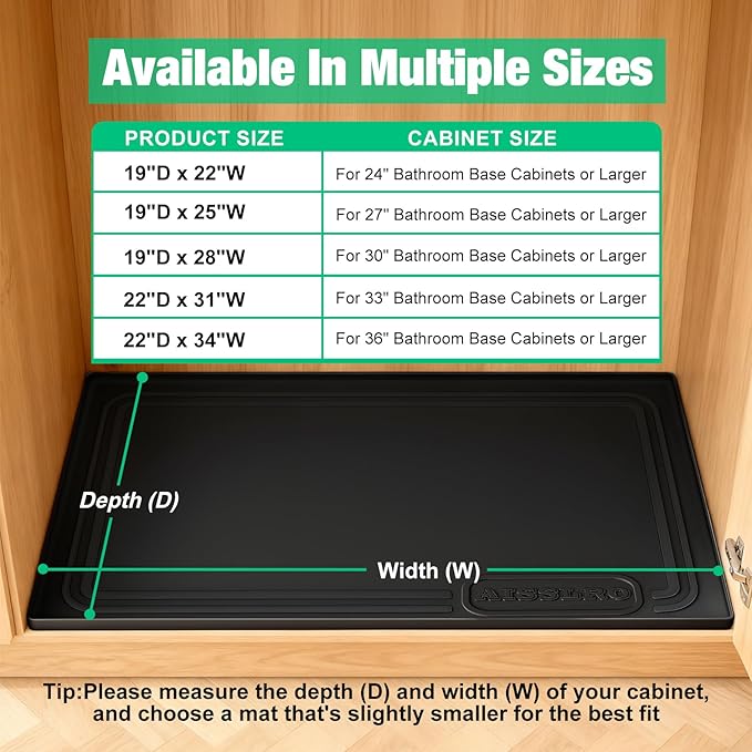 Aisslro Under Sink Mat 34" X 22", Waterproof Silicone Cabinet Organizer Protector with Raised Edge, Kitchen & Bathroom Leak Tray, Shelf Liner & Pet Feeding Mat for Dog Cat Food Mats, Black
