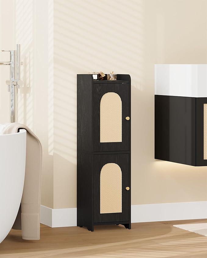 Bathroom Storage Cabinet, Small Corner Floor Cabinet with 2 Doors and Adjustable Shelf, Narrow Toilet Paper Cabinets, Bathroom Organizer for Small Spaces, 7.9"D x 7.9"W x 29.5"H Rattan Black
