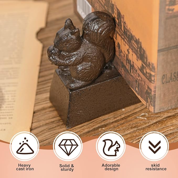 Sungmor Heavy Duty Cast Iron Squirrel Door Stops | Decorative Cute Animal Statue Metal Door Stopper Wedge with Non-Slip Mat | Solid & Antique Style Windproof Door Holder for Patio Garden Farmhouse