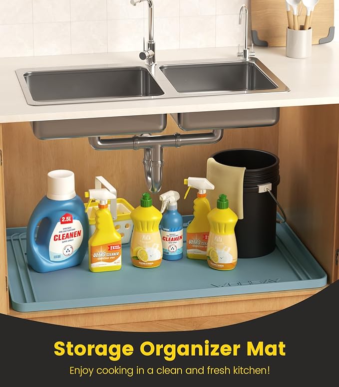 Wohbay Under Sink Mats for Kitchen Waterproof, 34" X 22" Or Smaller Cut to Fit Under Sink Drip Tray for Kitchen Bathroom Cabinets, Silicone Sink Liner Hold Up to 3.3 Gallons Liquid - Teal