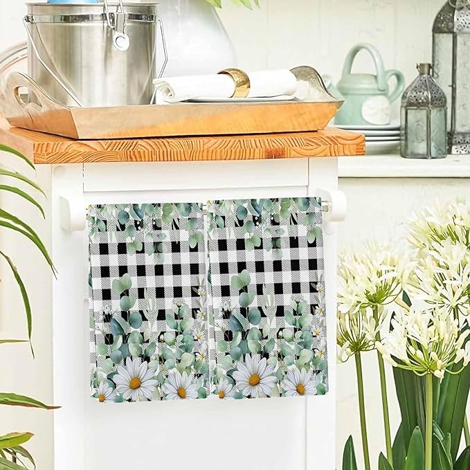 Microfiber Kitchen Towel, Green Eucalyptus Leaves Soft Absorbent Dish Towels, Summer Botanical Daisy Black Plaid Quick Drying Washable Dishcloths for Kitchen Cleaning, Drying Dishes, 18x28 Inches