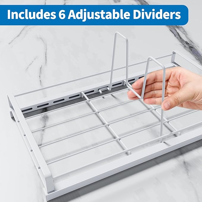 Food Container Lid Organizer, Adjustable 6 Dividers Full-Metal Pot and Pan Organizer Rack for Kitchen Cabinets, Drawers, Cupboards, Pantry Shelves Storage, White