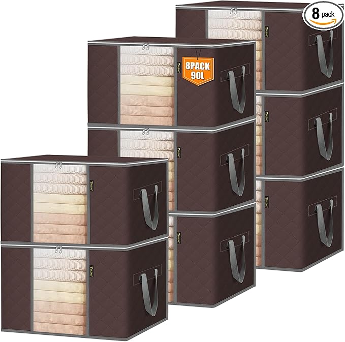 BALEINE 8 Pack Clothes Storage Bags, 24 Gallon Storage Containers with Reinforced Handle, Sturdy Zipper, Closet Organizer for Blanket, Comforter, Pillow, Bedding (Brown, 8 Pack)