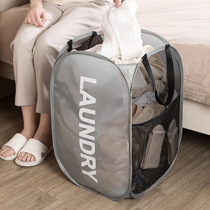 2pcs Pop Up Mesh Laundry Hamper Room Collapsible Storage Bin Lightweight Basket For College Dorm Home Travel Camping (Black & Grey)