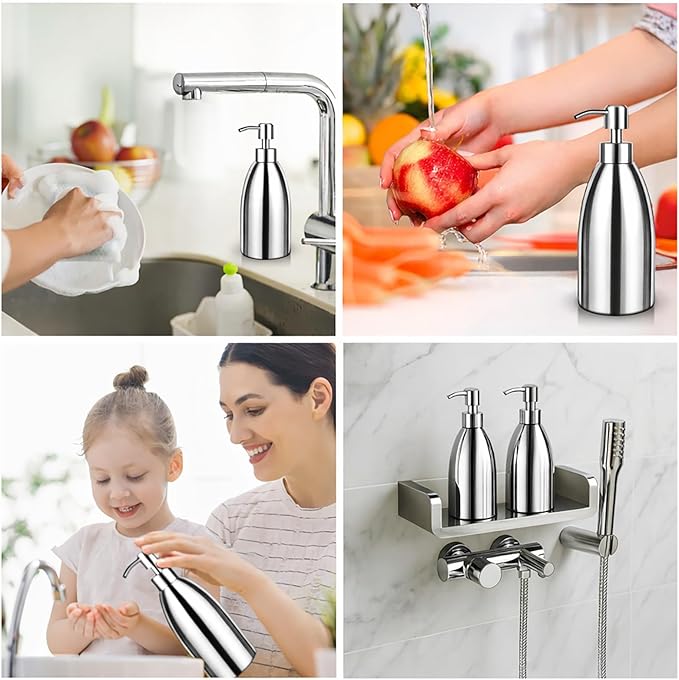 304 Stainless Steel Soap Dispenser 16oz Rust-Proof Liquid Soap Pump Bottle for Kitchen or Bathroom Countertop Hand Dish Lotion Leak-Proof (Mirror Stainless Steel)