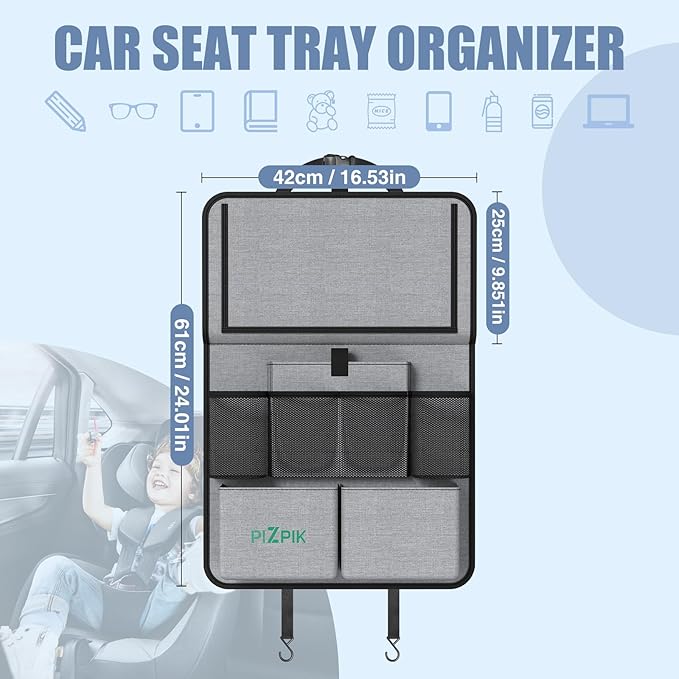 Car Backseat Organizer with Tablet Holder,11 Storage Pockets with Foldable Food Tray, Protector Kick Mats for Kids, Travel Accessories Organizer (Gray, 2Pack with Food Tray)