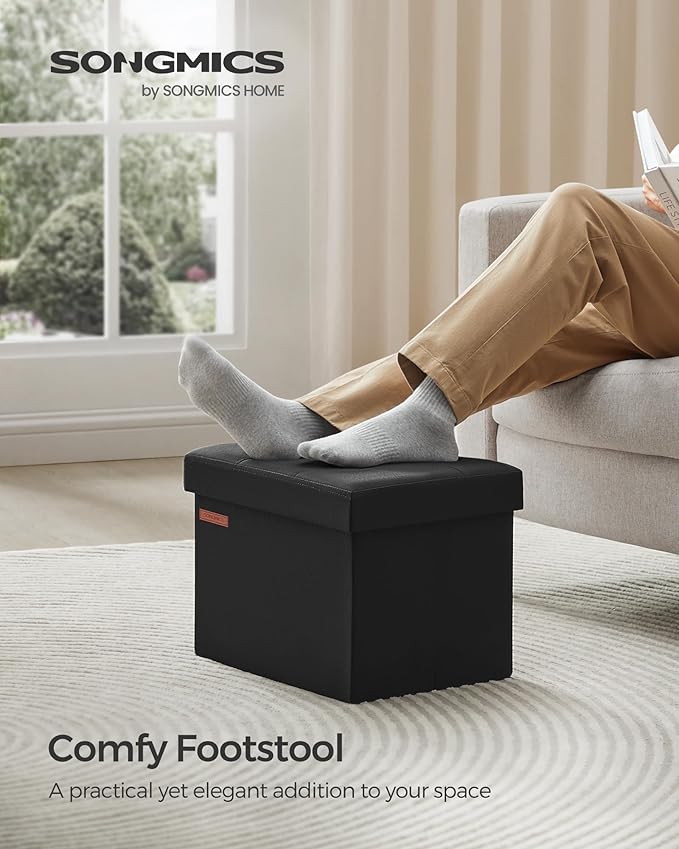 SONGMICS MAZIE Collection - Small Folding Storage Ottoman, Foot Rest Stool, 12.2 x 16.1 x 12.2 Inches, 286 lb Load Capacity, for Living Room, Bedroom, Home Office, Dorm, Ink Black ULSF102B01