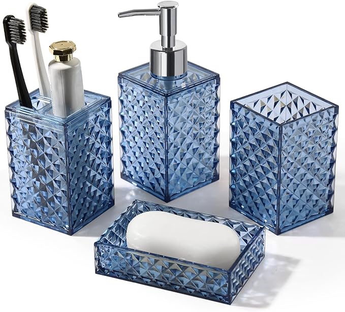 Bathroom Accessories Set, 4 Pack Blue Acrylic Bath Accessory Sets Complete, Diamond Soap Dispenser and Toothbrush Holder Bathroom Counter Sink Set, Boho Modern Bathroom Decor