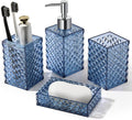 Bathroom Accessories Set, 4 Pack Blue Acrylic Bath Accessory Sets Complete, Diamond Soap Dispenser and Toothbrush Holder Bathroom Counter Sink Set, Boho Modern Bathroom Decor