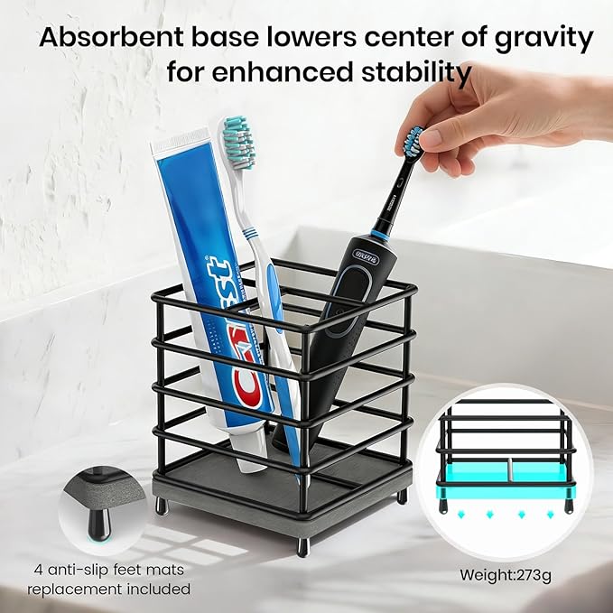 BOTEMY Toothbrush Holders with Quick Drying Mat—Black Toothbrush and Toothpaste Holder for Bathroom—Upgrade 3 Slots Openwork Design Bathroom Counter Organizer for Electric Toothbrush,Razor,Toothpaste