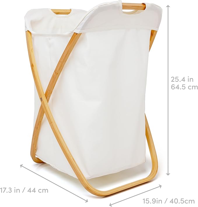 QUALIAZERO 72L Bamboo X-Frame Laundry Hamper – Foldable Single Section Clothes Basket with Removable Bag & Bottom Handle, Ideal for Bathroom, Bedroom, or Dorm (FEATHER CREAM, X-FRAME)