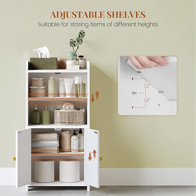 Small Bathroom Storage Cabinet, Bathroom Organizers and Storage with 2 Doors and Shelves, Floor Cabinet Freestanding with Adjustable Shelf for Small Spaces, White 7.9" D x 14.6" W x 29.6" H