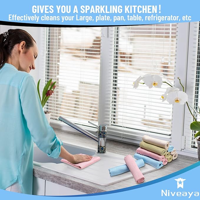 Niveaya Nano Streak Free Miracle Cleaning Cloths - 12 Pack, Reusable Nanoscale Fish Scale Cleaning Cloth, Lint Free Cleaning Cloth for Glass, Dishes, Mirrors, Stainless Steel Appliances, Etc