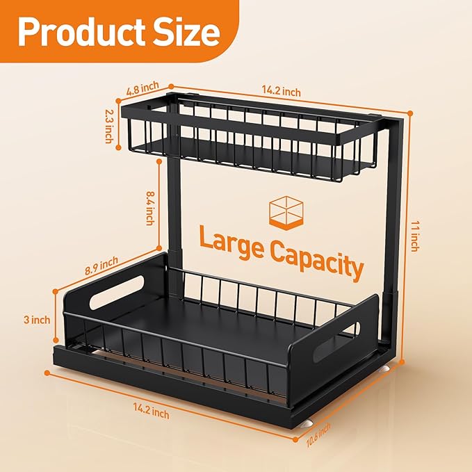 Under Sink Organizer,Metal Pull Out Cabinet Organizer Shelf,Kitchen Bathroom Organizers with Sliding Drawer,Storage Shelves,Storage and organization for Home,Laundry,RV,Pantry,Spice,Black,2 Pack