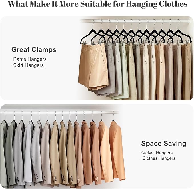 HOUSE DAY Velvet Skirt Hangers 12 Pack, Black Velvet Pant Hangers with Adjustable Clips, Space Saving Slim Shorts Hanger, Heavy Duty Non Slip Clip Hanger for Pants, Skirts, Shorts