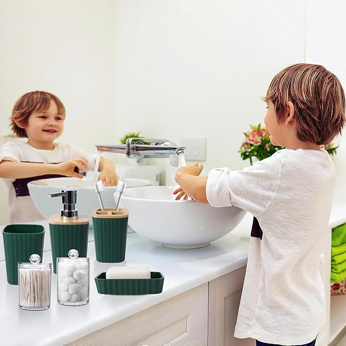 Dark Green Bathroom Accessories Set with Ombre Shower Curtain and Bathroom Rugs,Bathroom Sets with Trash Can,Toothbrush Holder and Cup,Soap Dispenser,Tray,Soap Dish,Toilet Brush,Qtip Holders