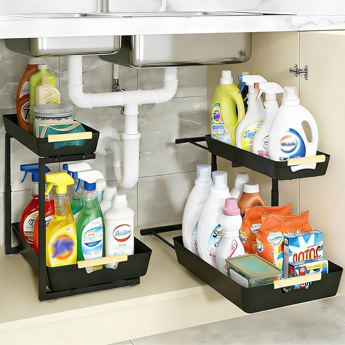 2 Pack Under Sink Organizer,2 Tier Pull Out Adjustable Height Under Cabinet Storage,Under Sink Storage for Kitchen Bathroom Cabinet
