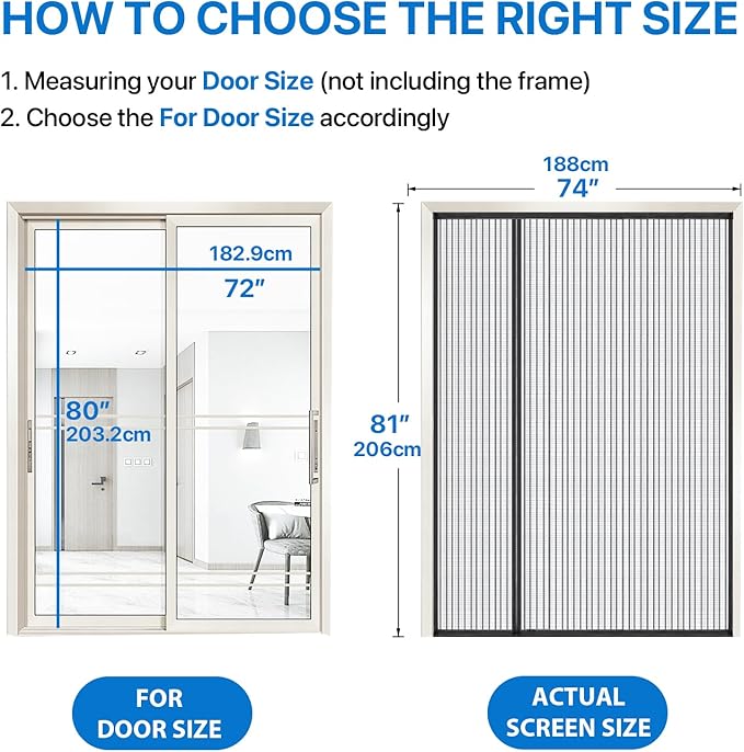 Heavy Duty Door Screen Magnetic Closure, LOVIGA 2024 Thickened Fiberglass Screen Door Mesh, Self Sealing, Left Side Opened, Pets Friendly, Fine Mesh Keep Bugs Out Fit Door Size 72 Inch X 80 Inch
