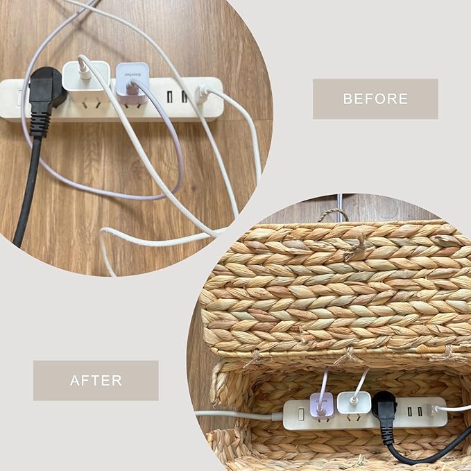 Wicker Cable Management Box with Lid, A Handwoven Water Hyacinth Cords Hider Box for TV, Computer, Router, USB Hub to Hide Cords & Power Strip for Desk, Floor, Office 12.8x5.5x5.5