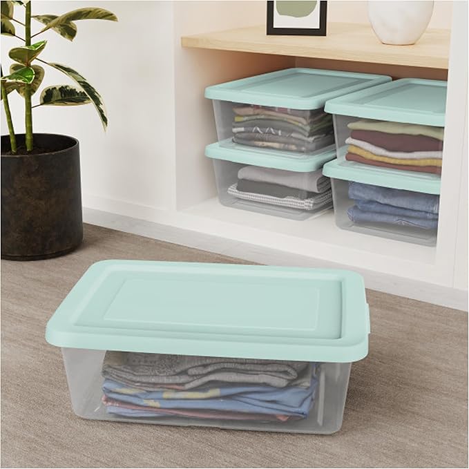 Sterilite 12 Pack Storage Boxes, Clear Plastic Stackable Containers, Lightweight Home Organizers with Snap Lids, 12 Quart, Mindful Mint