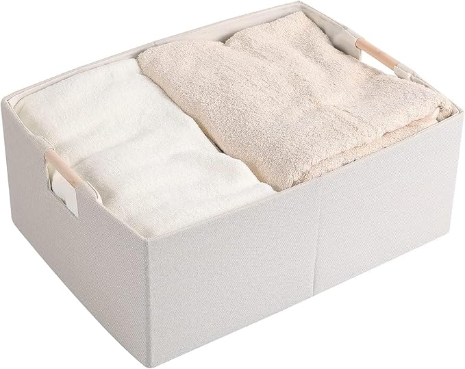Fabric Storage Bin Box Foldable Cotton Linen Storage Basket with Wooden Handles Rectangular Cube Decorative Home Laundry Organizer Clothes Blanket Container – Beige, Medium
