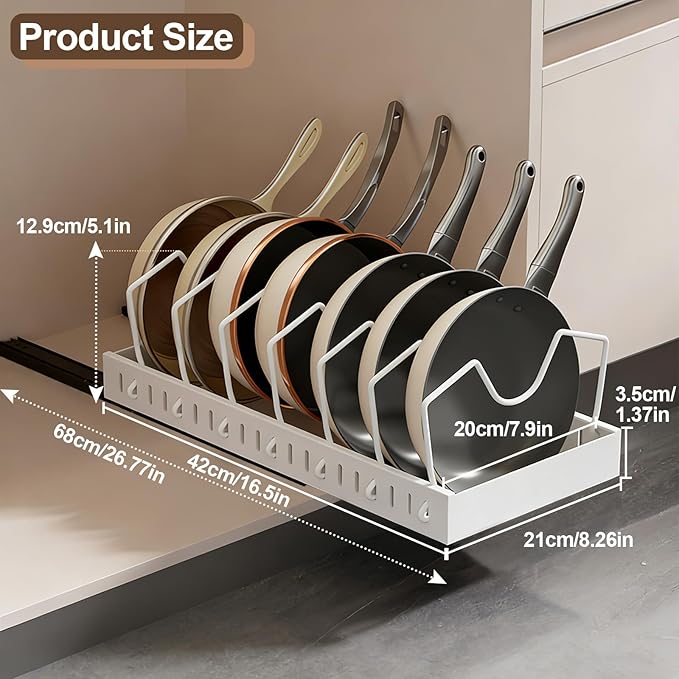 Pot and Pan Organizer under Cabinet Pull Out,Pot Lid Holder for Kitchen, Cookware Storage Rack with Slide Rails,Slide-out Drawer, White