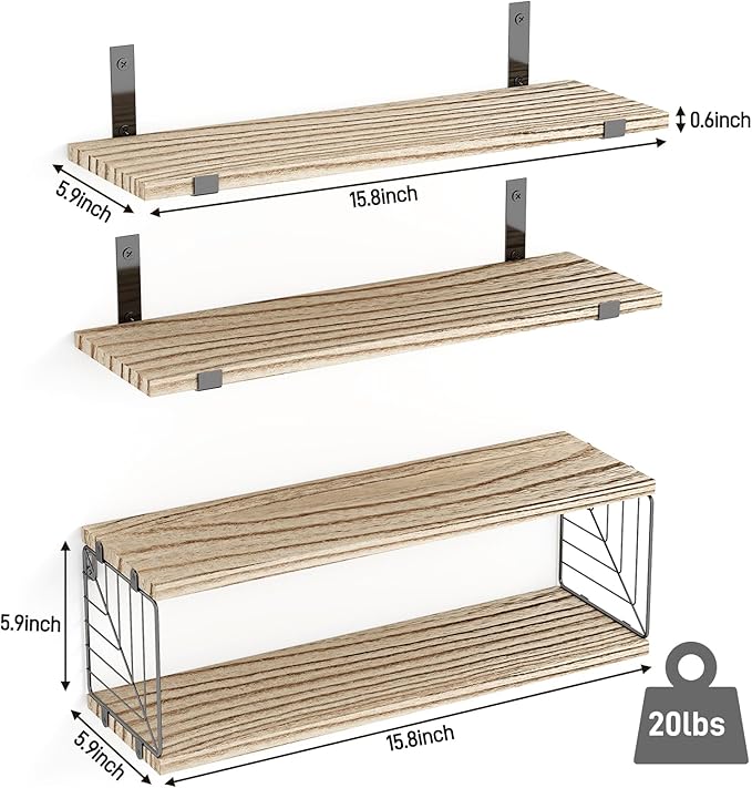 Fixwal 3+1 Tier Bathroom Floating Shelves Over Toilet, 15.8in Farmhouse Rustic Wood Shelves, Wall Decor for Bathroom, Living Room,Bedroom and Kitchen (Rustic Brown)